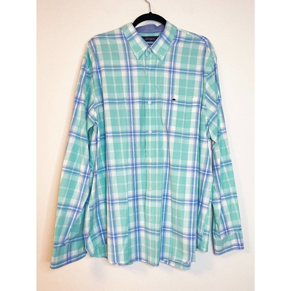Crown & Ivy Men's XL Mint Blue Plaid Button Down Shirt Classic Fit Stretch Golf